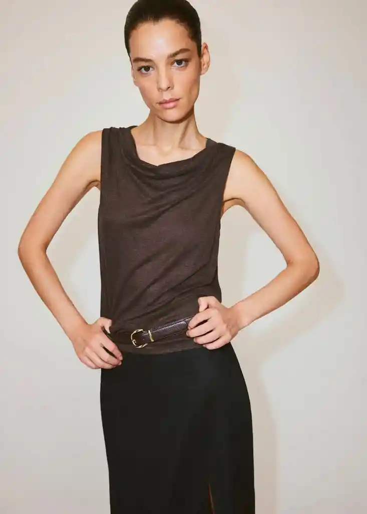 TOP DRAP MARRON Talla XS Mujer Mango