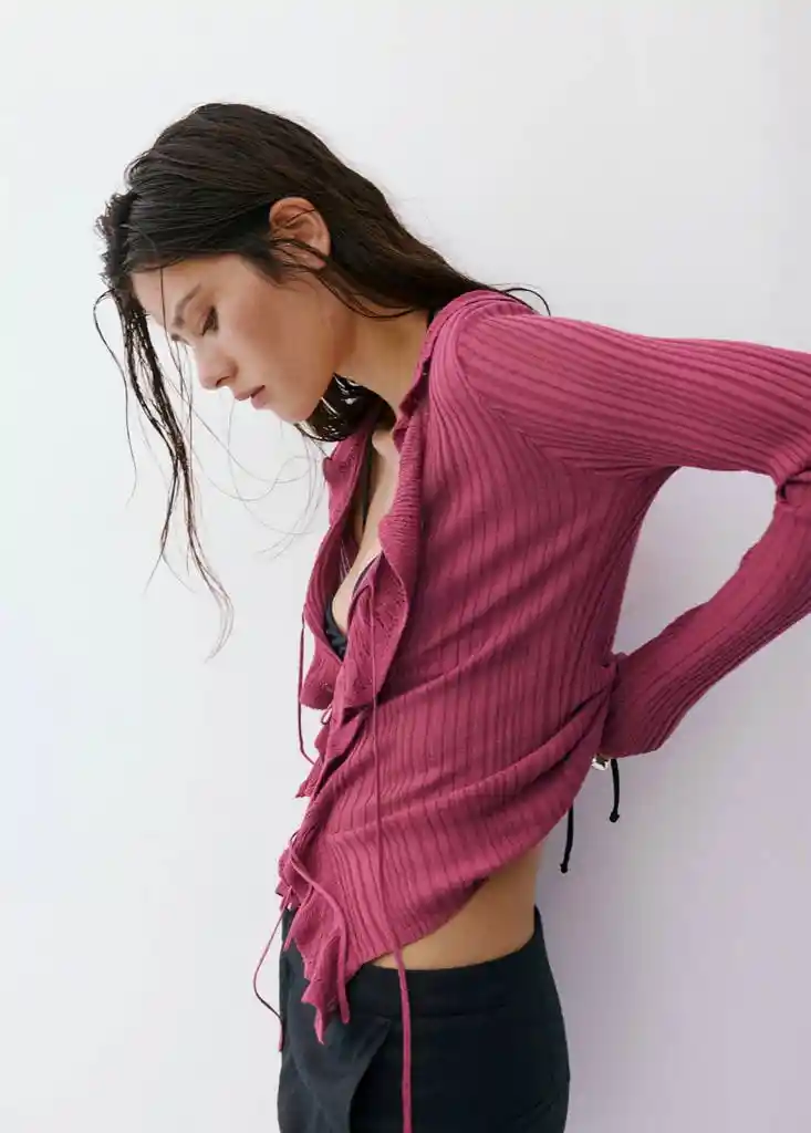 CARDIGAN VOLANTES VINO Talla S Mujer Mango