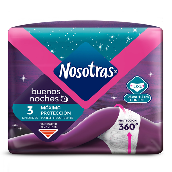 Nosotras Buenas Noches Toallas Higiénicas Máxima Protección Talla L-Xl x3 3 und