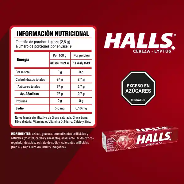 Caramelos Duros Halls Cereza Eucalipto 9 Unid