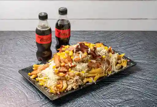 Salchipapa ranchera x2 + bebidas
