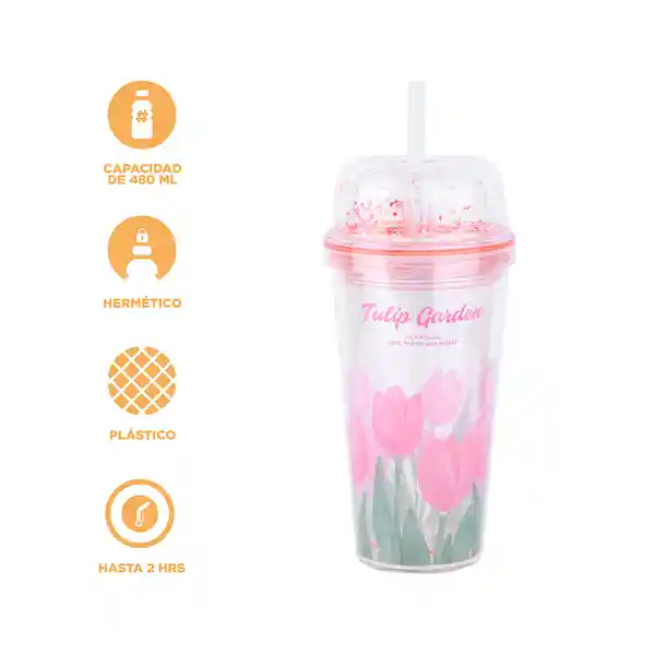 Vaso Plástico de Doble Pared Pitillo Tulip Garden 480 mL Miniso