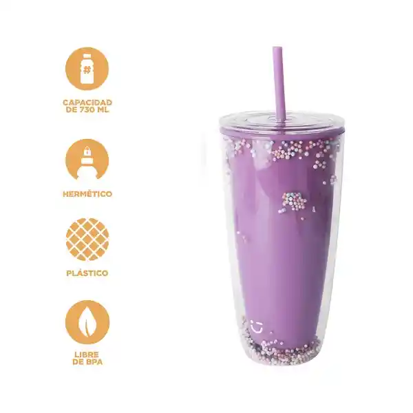 Vaso Plástico de Doble Pared Púrpura 730 mL Serie Miniso