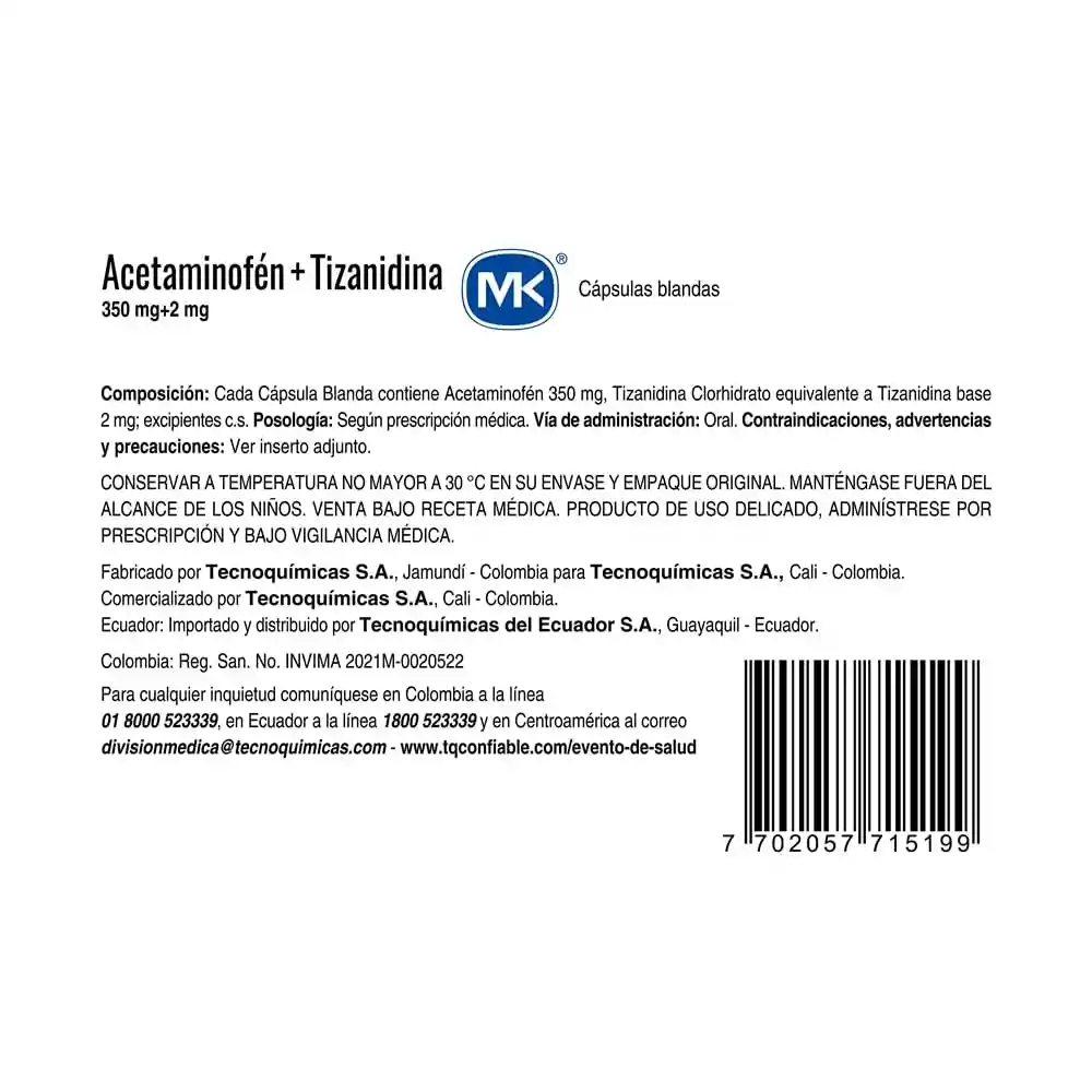 Mk Acetaminofén / Tizanidina (350 mg / 2 mg)