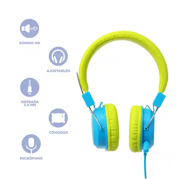 Audífonos Con Micrófono Kids Azul Verde 3.5 mm Mod 23L07 Miniso