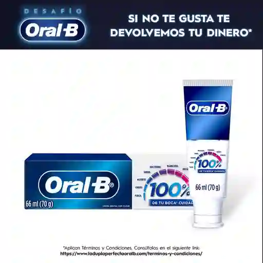 Crema Dental Oral-B 100% De Tu Boca* Cuidada Encías más Saludables en 2 semanas Combate la formación de caries desde la raíz 66ml