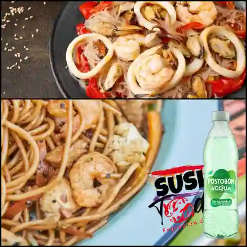 Wok Mariscos Especial +Acqua Postobón Frutos Verdes 500ml