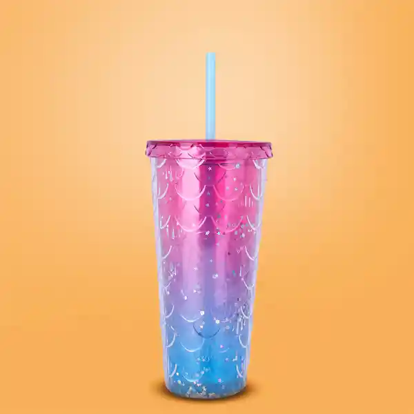 Vaso de Plástico Brillante Con Correa Rosa y Azul 680 mL Miniso