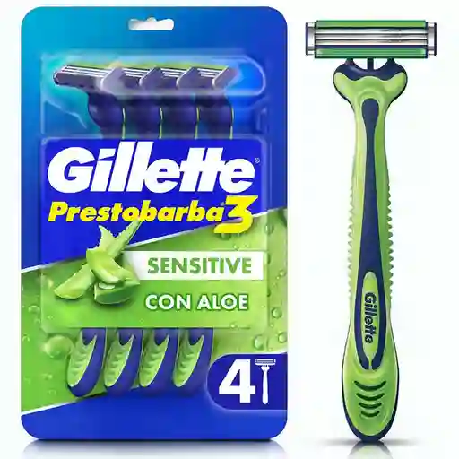 GILLETTE Prestobarba 3 Sensitive Cuchilla de Afeitar con Aloe Máquina de Afeitar Hombre Desechable Afeitada con Menos Irritación Afeitadora para Piel Sensible 4 Uds