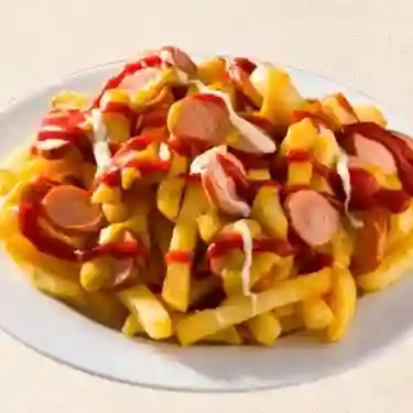 Salchipapas con adicion de pulled pork