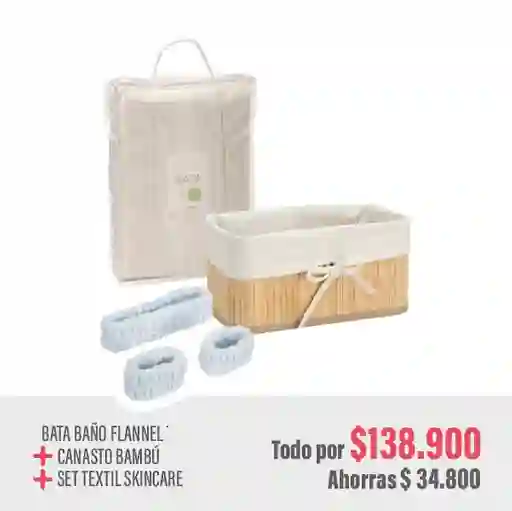 Combo Bata Flanel Talla S + Canasto Bambú + Set Skincare