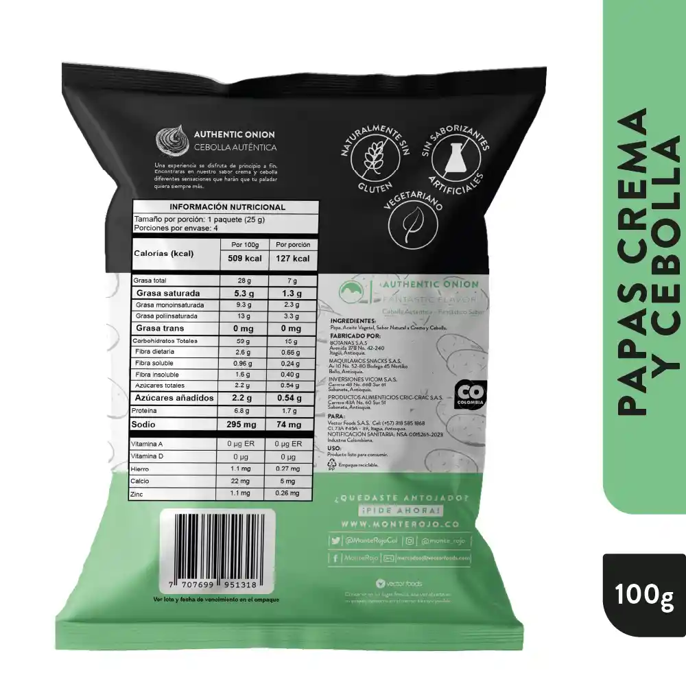 Monte Rojo Papas Crema y Cebolla 100Gr.