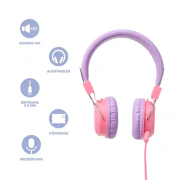 Audífonos Con Micrófono Kids Morado Rosa 3.5 mm Mod 23L07 Miniso