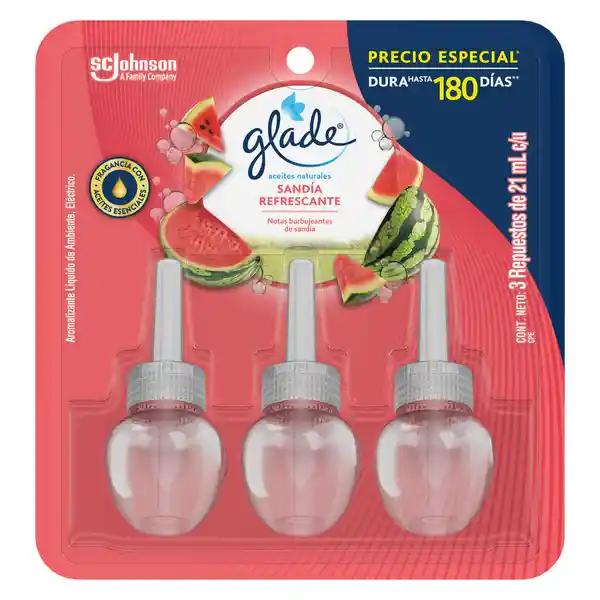 Glade Repuesto Ambientador Sandía Aceite Natural 21 mL x 3 Und