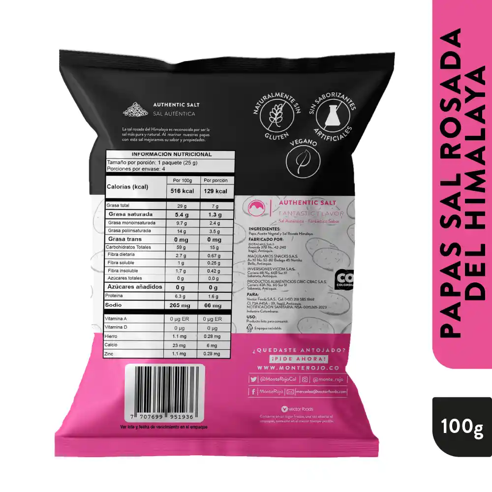 Monte Rojo Papas Sal Rosada 100 gr
