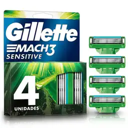 GILLETTE Mach 3 Sensitive Repuestos para Cuchilla de afeitar con 3 Hojas 4 Repuestos Máquina de Afeitar para Barba Afeitadora para Hombre con Piel Sensible