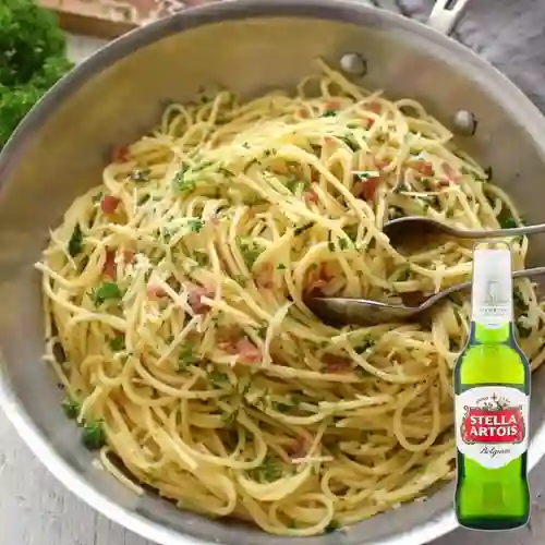 Combo Spaghetti Al Ajillo + Stella Artois 350 ml