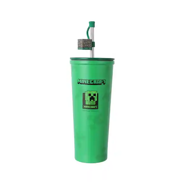 Vaso Acero Doble Pared Pitillo Creeper Minecraft Verde Miniso