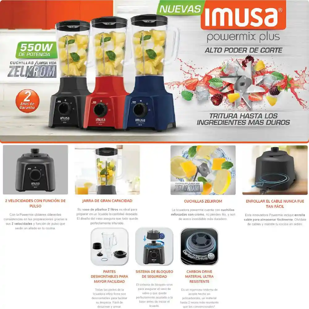 Imusa Licuadora Powermix Plus Vaso de Roja 550 watts