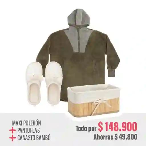 Combo Maxi Poleron + Pantuflas Talla 37-38 + Canasto Bambú