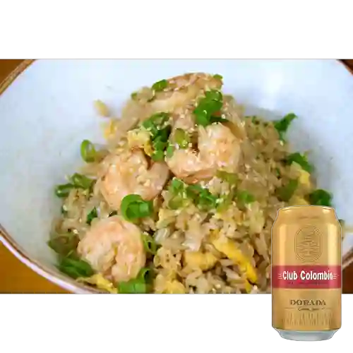 Combo Arroz Chaufa Camarones + Club Col. Dorada Lata 330ml