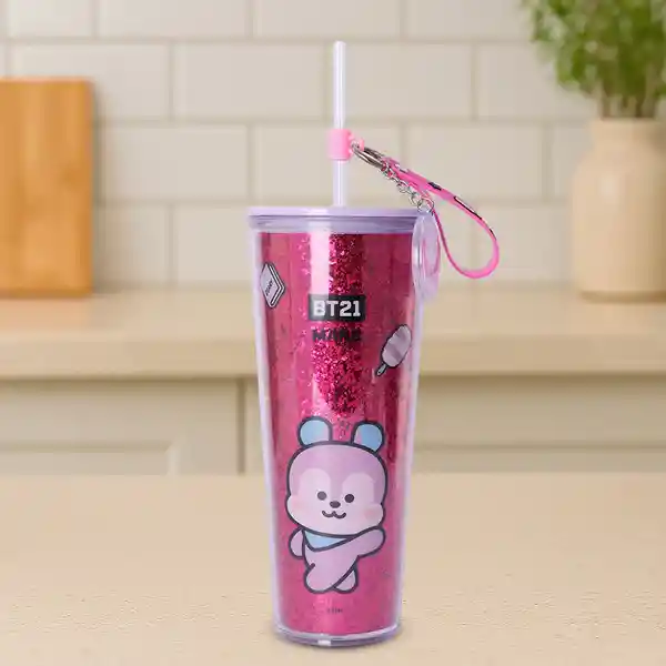 Vaso de Doble Pared Con Pitillo y Decoración Bt21 800 mL Miniso