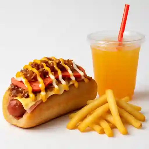 Combina2 Perro Papas y Chorizo y Bebida.
