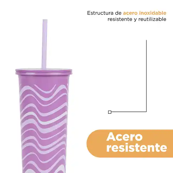 Vaso de Acero Con Pitillo Olas Rosa 800 mL Miniso