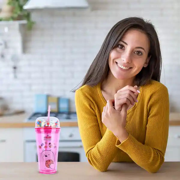 Vaso de Plástico Oso Polar Con Pitillo Rosa Miniso