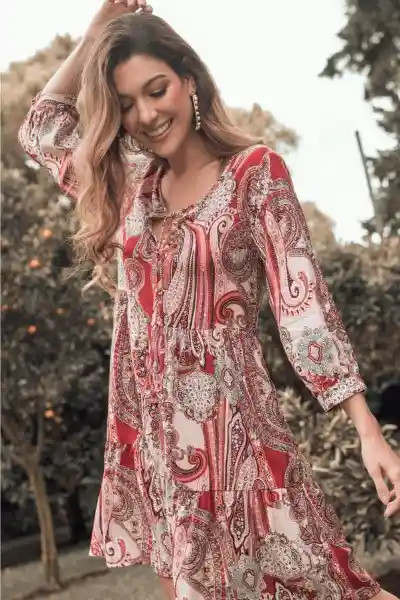 Vestido Corto Paisleys Color Rojo Persa Talla S Ragged