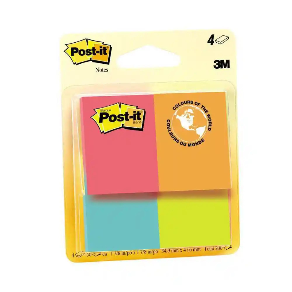 Post It -® Notas Adhesivas 653, Color Neón, 4 Pads De 50 Hojas