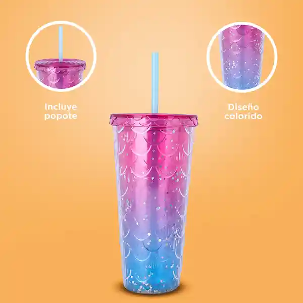 Vaso de Plástico Brillante Con Correa Rosa y Azul 680 mL Miniso