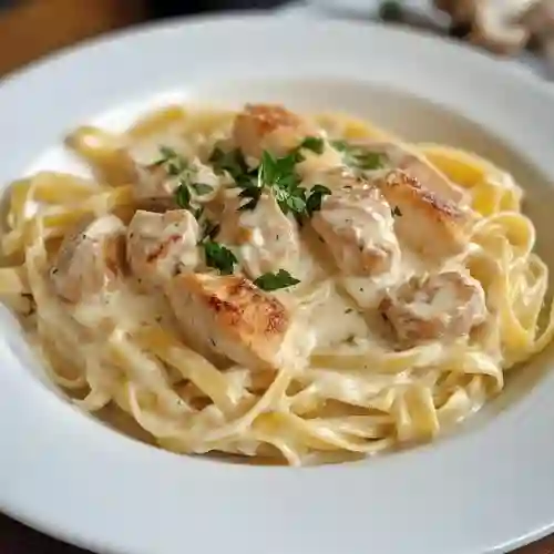 Pasta pollo queso parmesano y tostadas
