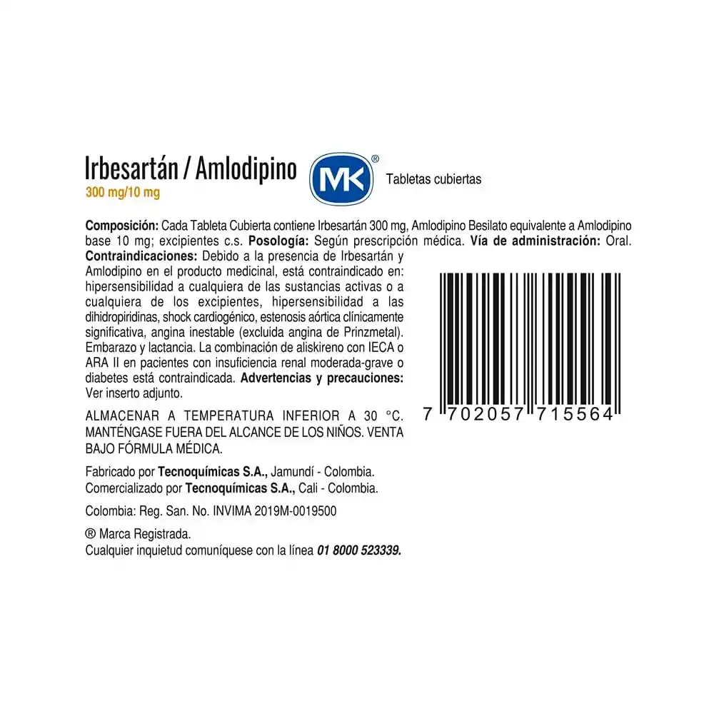 Mk Irbesartán/Amlodipino (300 mg/10 mg) 30 Tabletas
