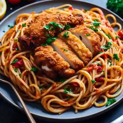 Pasta con Pollo Crocante