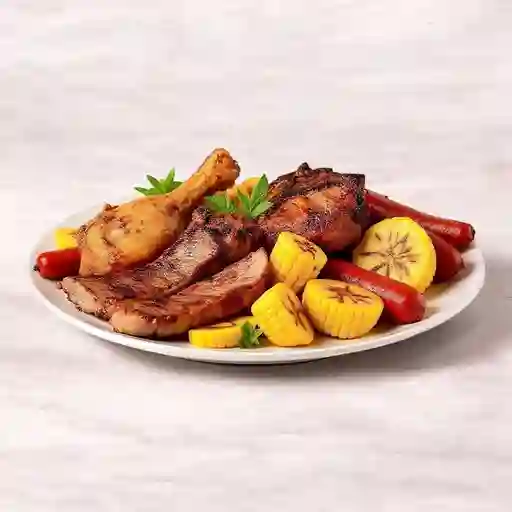 Pollo, Pernil De Cerdo, Chicharrón, Plátano Maduro, Costilla Ahumada, Chorizo De Ternera, Maicitos