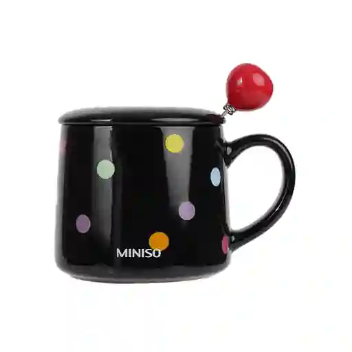 Taza Cerámica Con Cuchara y Tapa Serie Dots Negro 300 mL Miniso