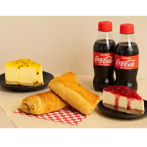 2 Pasteles + 2 cheesecakes + 2 cocacolas