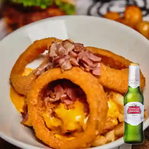 Pork fries + cerveza stella artois 330ml