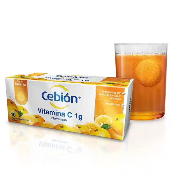 Cebión tabletas Efervescentes de Vitamina C sabor naranja con 10 unidades.