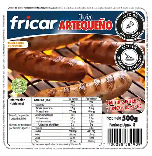 Chorizo artequeño fricar x 8 unidades