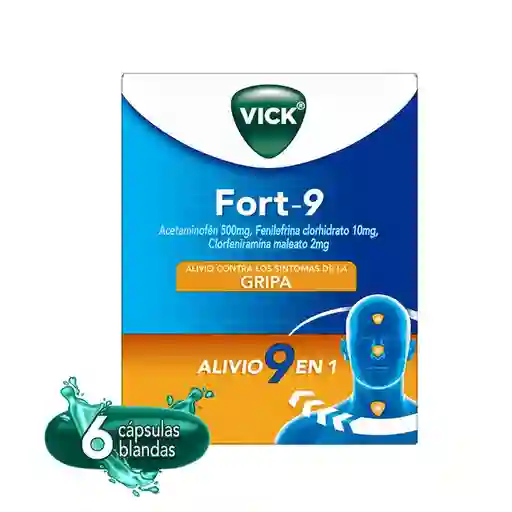 Vick Fort-9 multisintomas gripal con Acetaminofen Clorfeniramina y fenilefrina con 6 cápsulas