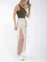 Pantalón Tira Amarrar Frente Crudo Beige Claro Talla M Mujer Naf Naf