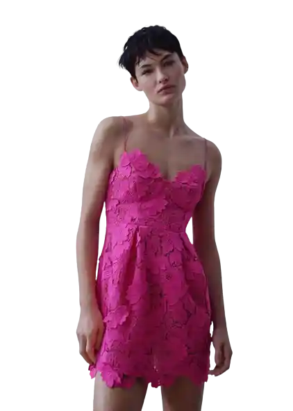 Vestido Guipur3D Fucsia Talla M Mujer Mango