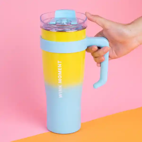 Vaso de Acero Con Pitillo Menta y Amarillo y Azul 1600 mL Miniso