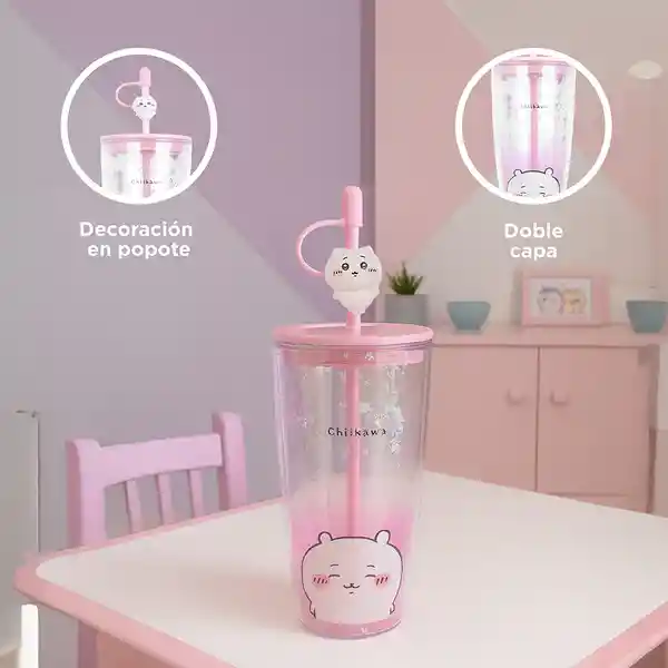 Vaso Con Doble Pared y Pitillo Chikawa Rosa 700 mL Miniso