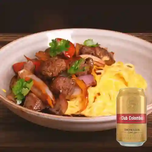 Combo Tallarines Huancaína c/Lomo Saltado + Club Col Dorada Lata 330ml