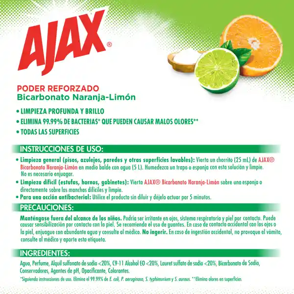 Limpia Pisos Ajax Bicarbonato Naranja Limon 3L