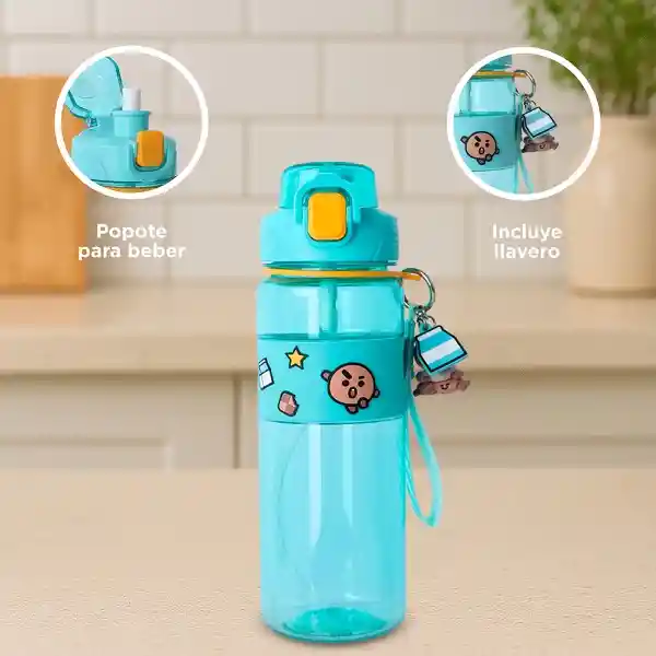 Botella Con Correa y Funda Serie Shooky Aqua 800 mL Bt21 Miniso
