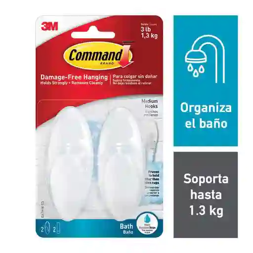 Command® Gancho para Baño con Tiras Impermeables, Med, Blnco